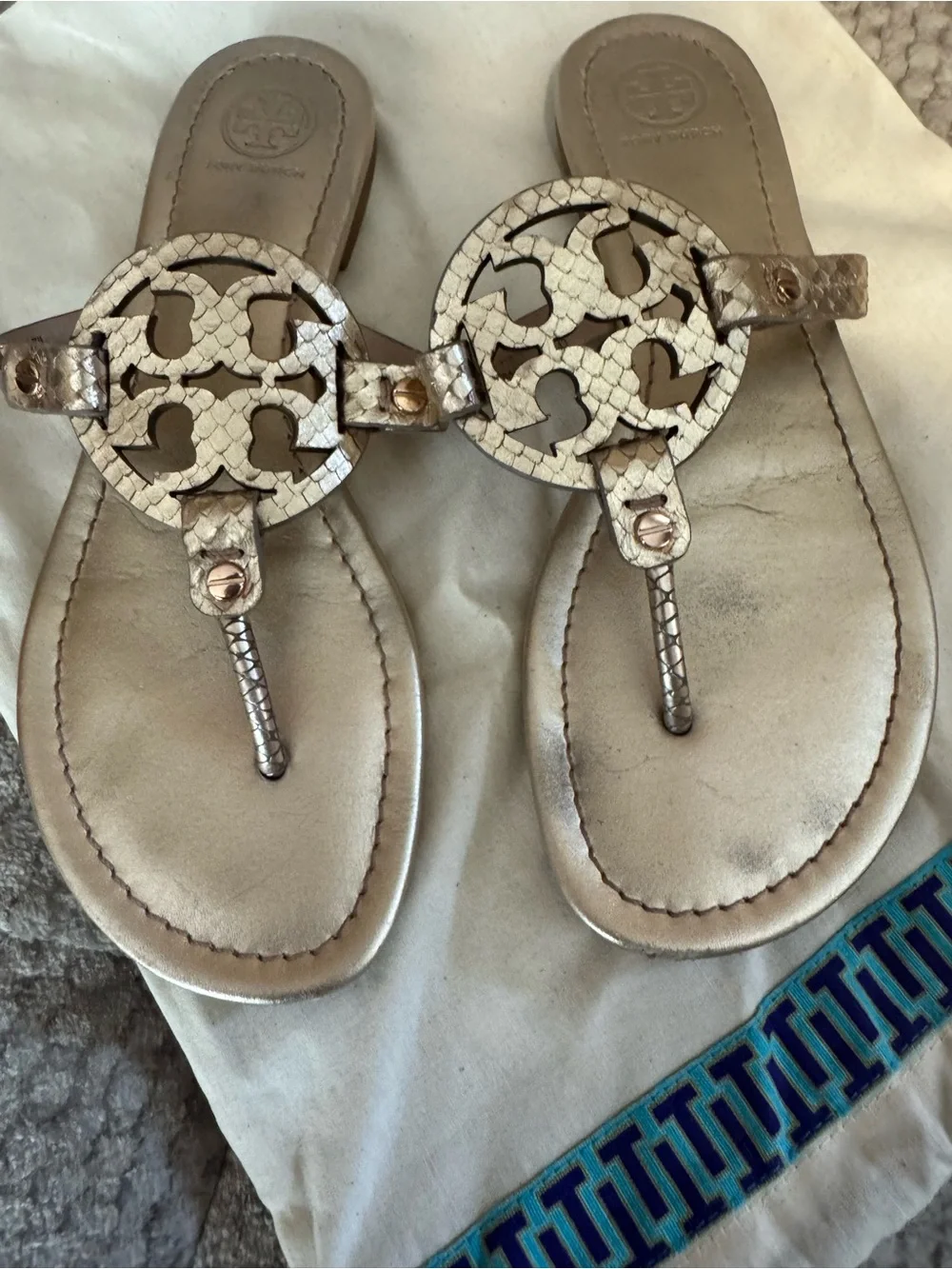 Tory Burch Gold Metallic Logo Thong Sandals